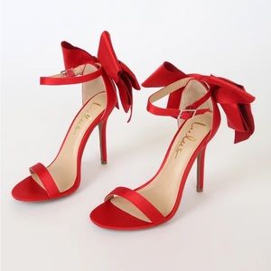 Lulus Ayanna Red Satin Bow Ankle Strap High Heel Sandals Size 7